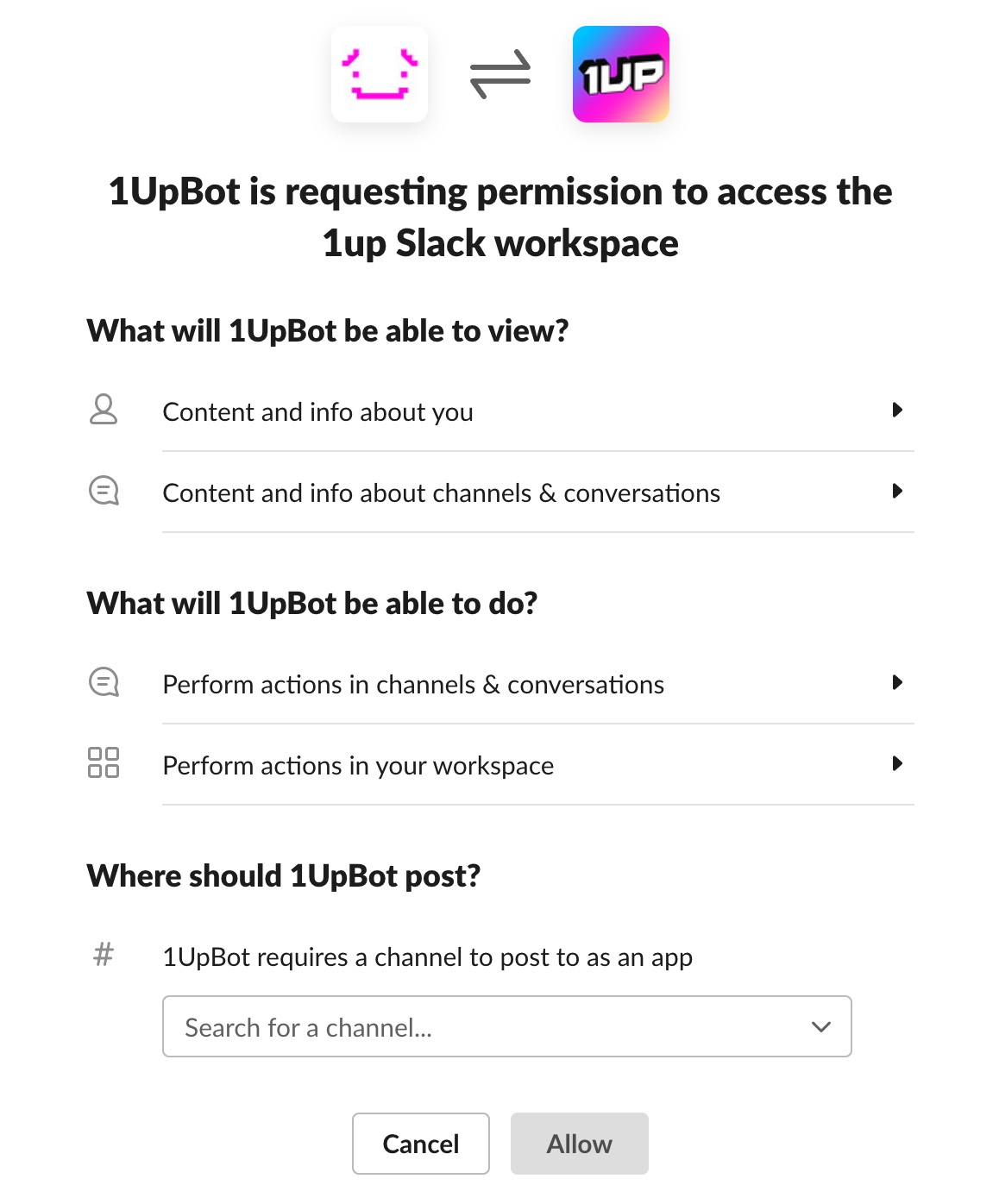 1up Slack Integration Permissions