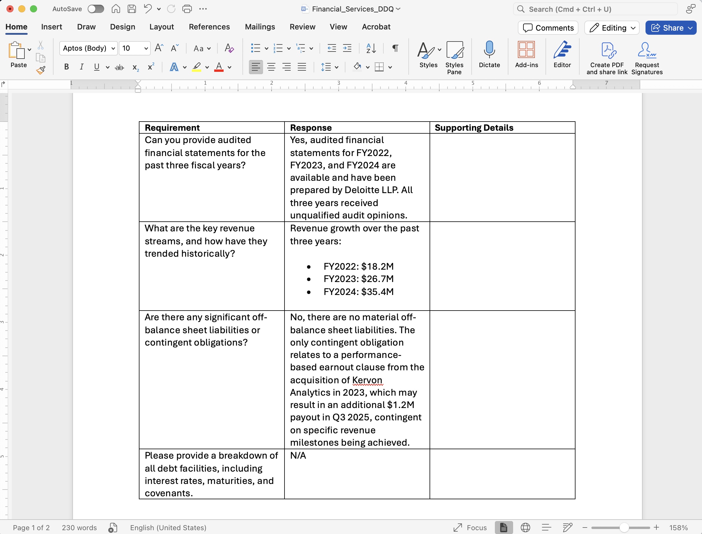 Microsoft Word Docx Due Diligence Questionnaire Example