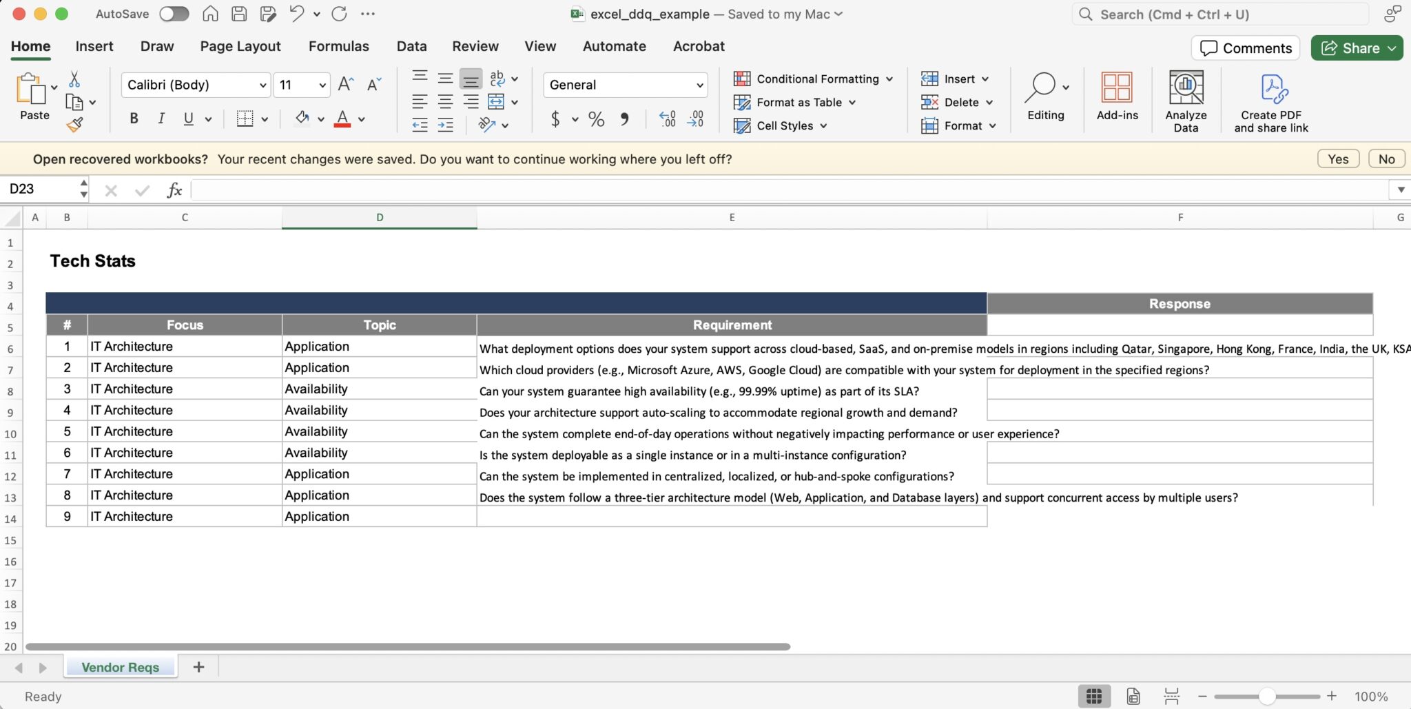 Microsoft Excel Based Due Diligence Questionnaire Example