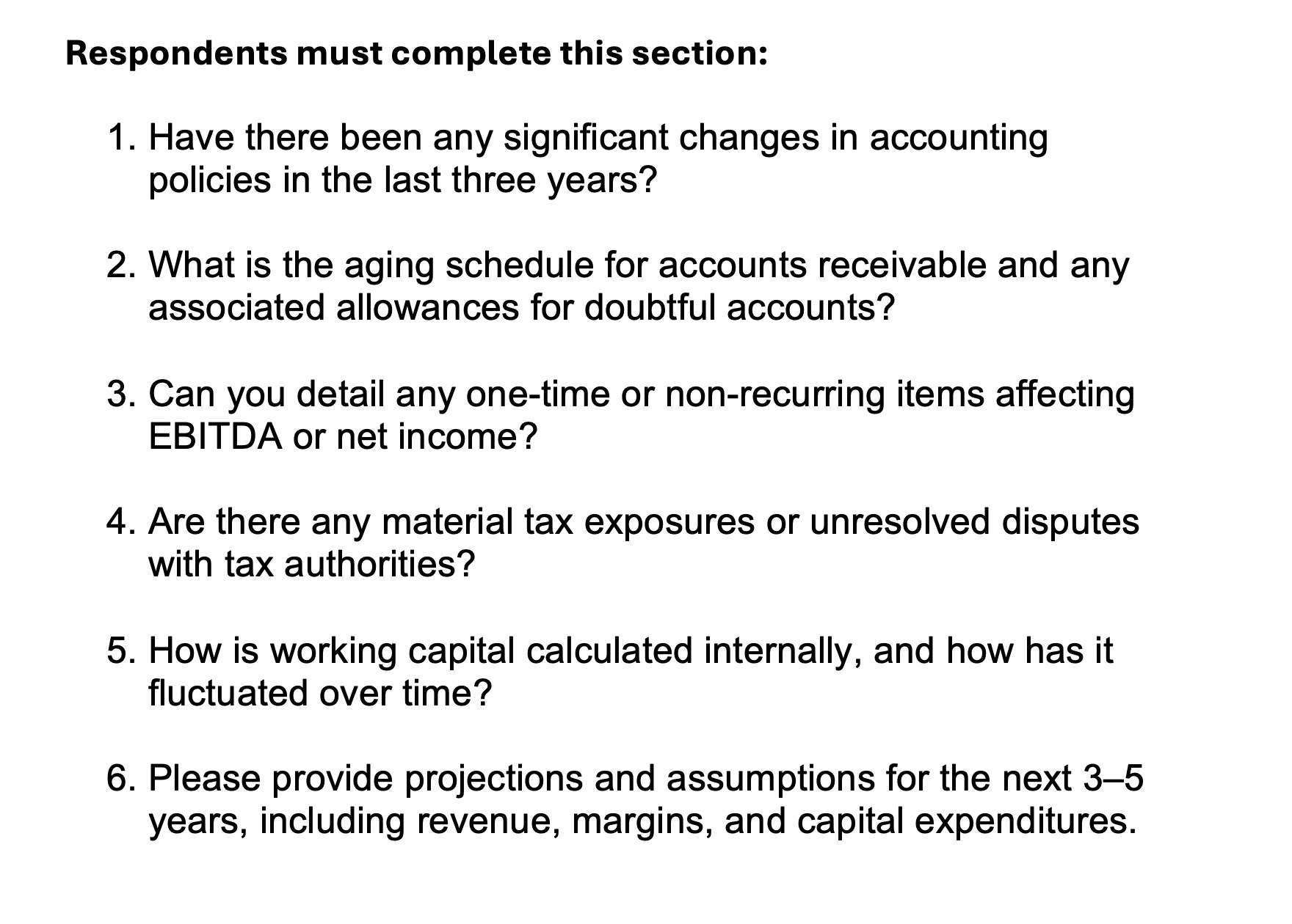 Financial Due Diligence Questionnaire Example