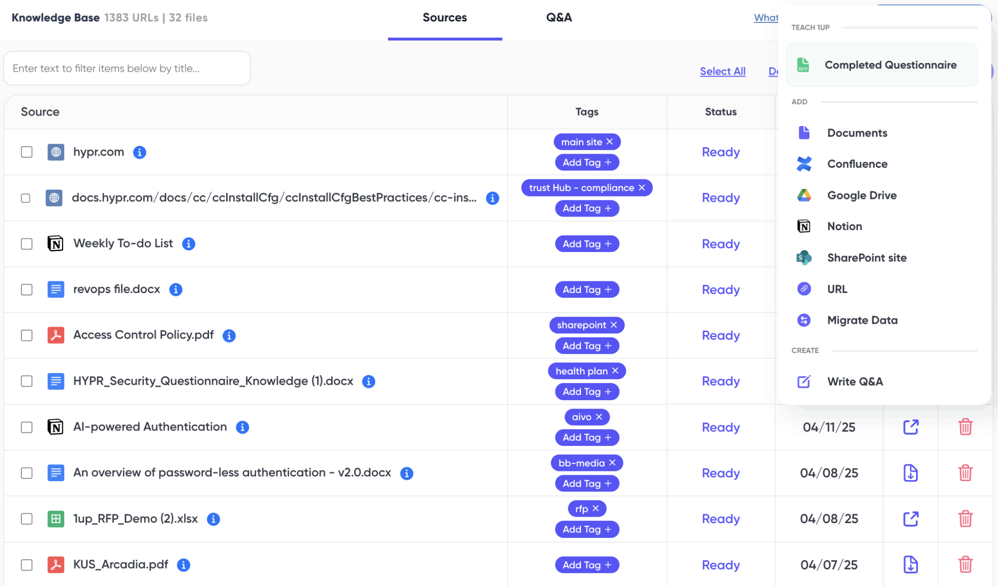 sales knowledge base on 1up